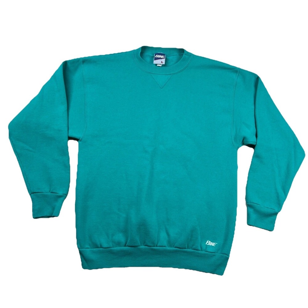 Vintage Bike Sweatshirt Mens L Teal Turquoise Crewneck USA 80s Blank Classic